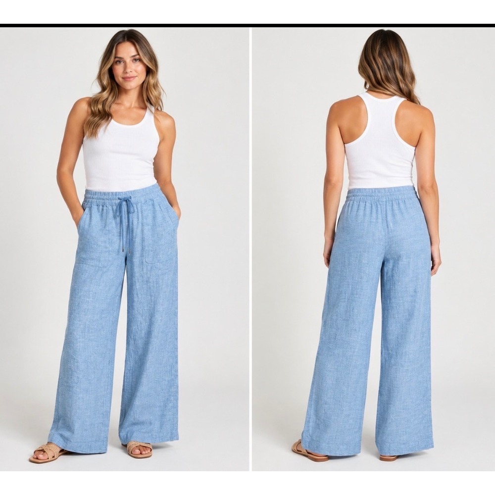 Athleta Retreat Linen Wide Leg Pants Women's Sz 10 Chambray Blue High Rise NWOT